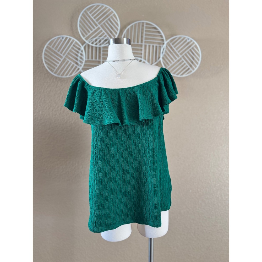 Anthropologie Emerald Green Textured Ruffle Off Shoulder Knit Top XL Womens
